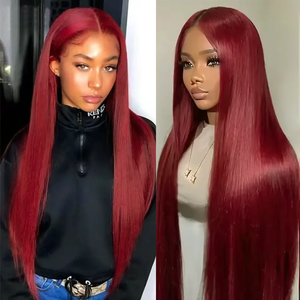 

13x6 HD Lace Front Wig Human Hair Wigs 99J Straight Red Burgundy Colored HD Transparent Pre Plucked Lace Frontal Human Hair Wigs