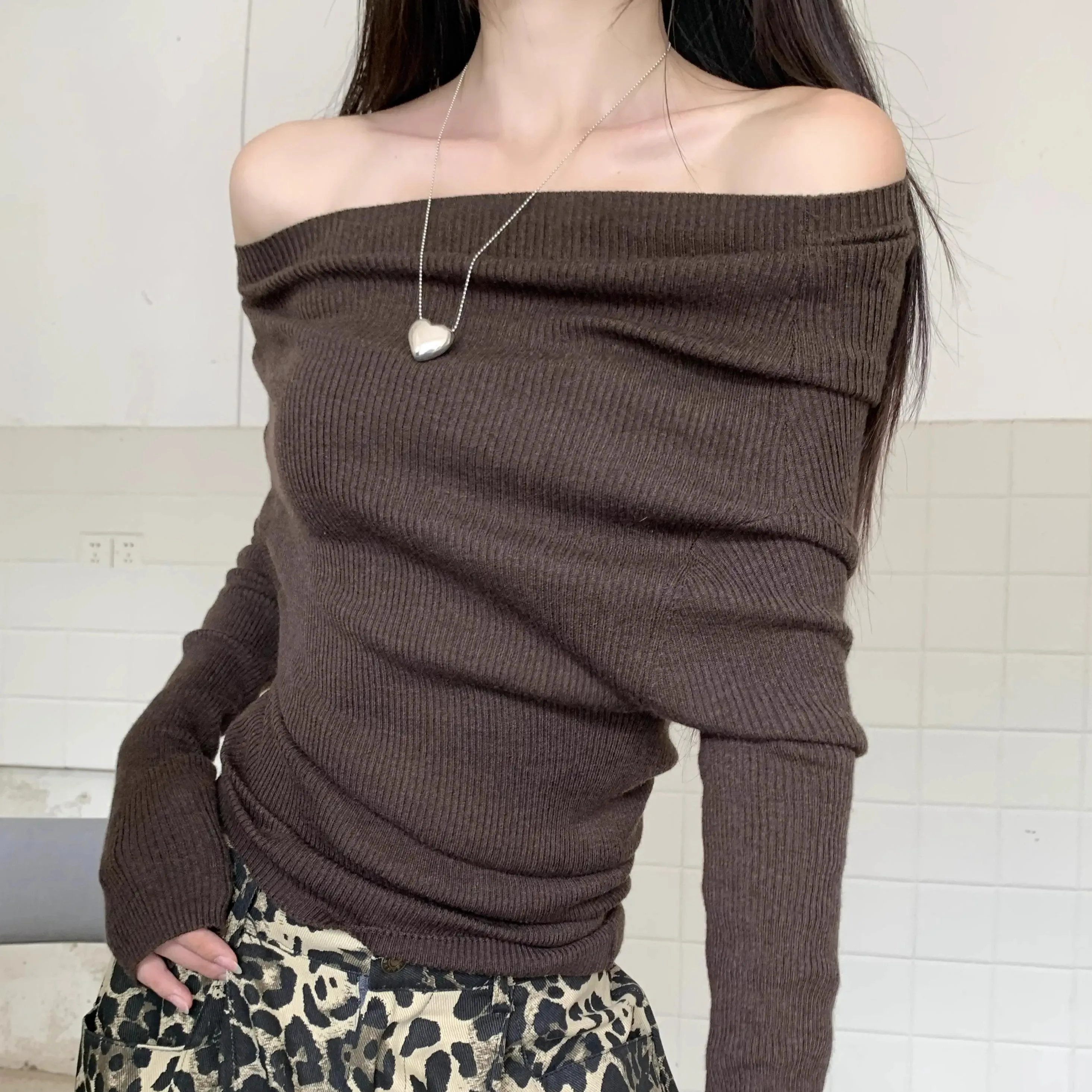 سترة نسائية كورية على الموضة باللون البيج والبني بدون أكتاف وأكمام طويلة سترة قصيرة للخريف والشتاء برتقالية مطوي محبوكة متعددة الاستخدامات #4