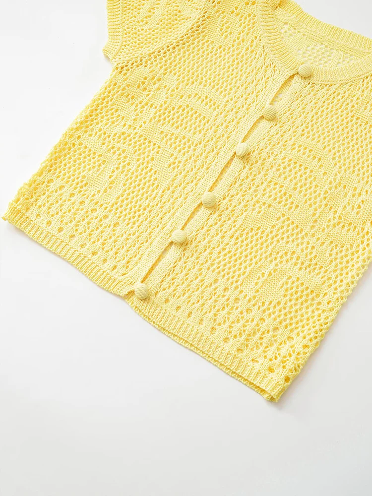 Novedad de verano de estilo europeo y americano, ropa de mujer con flores, informal, cuello redondo, manga corta, top de punto con botones