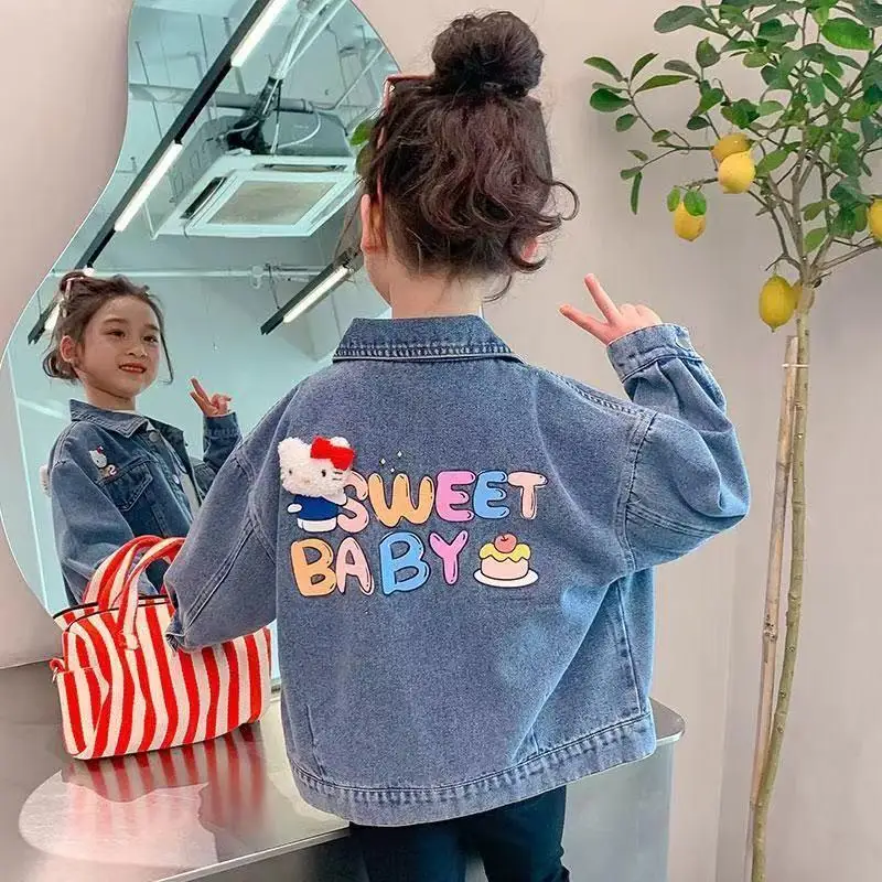 

Hello Kitty Kids Denim Jacket Sanrio Anime Autumn Lapel Leisure Coat Outdoor Cartoon Cute Printing Cardigan Overcoat Girls Gift