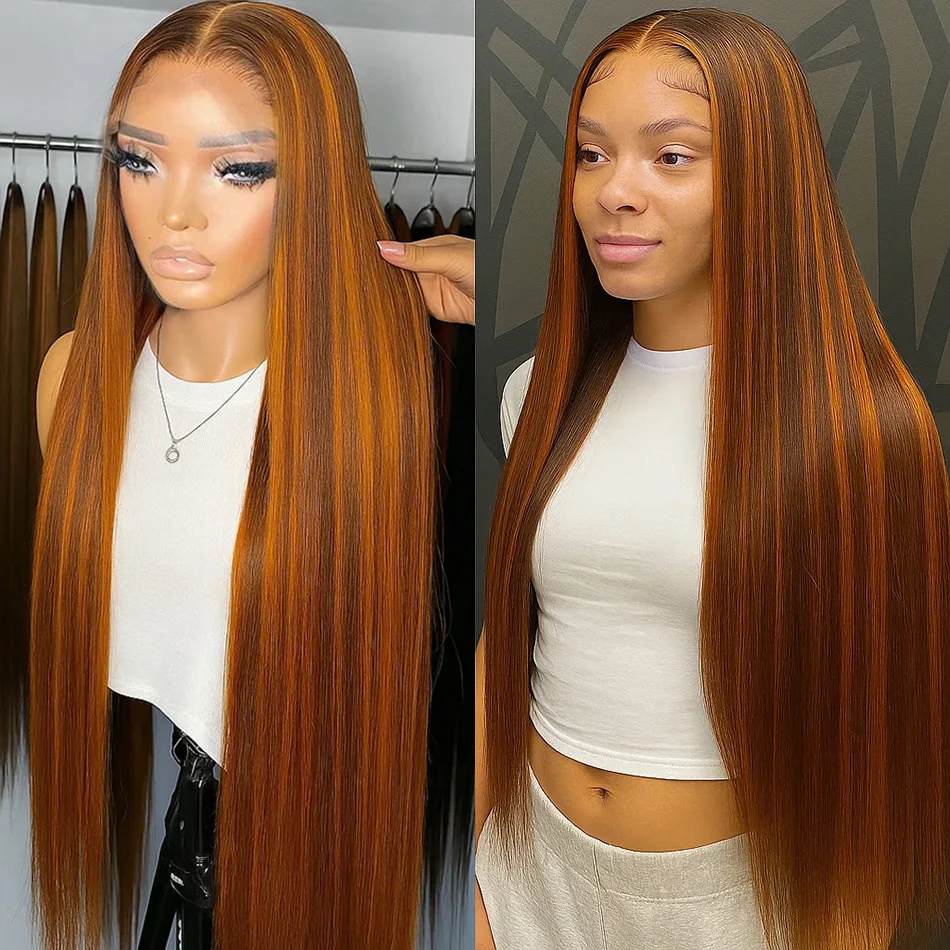 البني الزنجبيل تسليط الضوء على الباروكات شعر الإنسان العظام مستقيم 5x5 الدانتيل أمامي غلويليس قبل قطع أومبير الزنجبيل الملونة خصلات الشعر المستعار للنساء