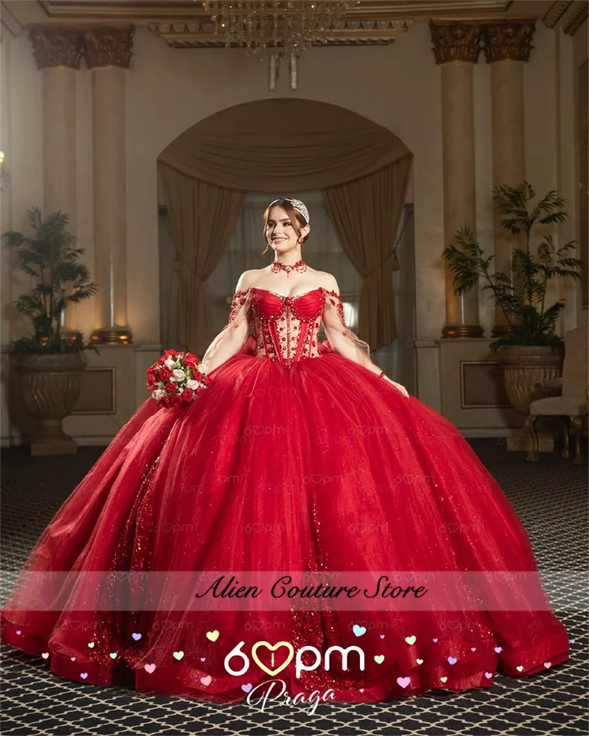 

Noble Red Quinceanera Dresses 2025 Long Sleeves Princess Appliques Crystals Beading Birthday Party Desss Customized