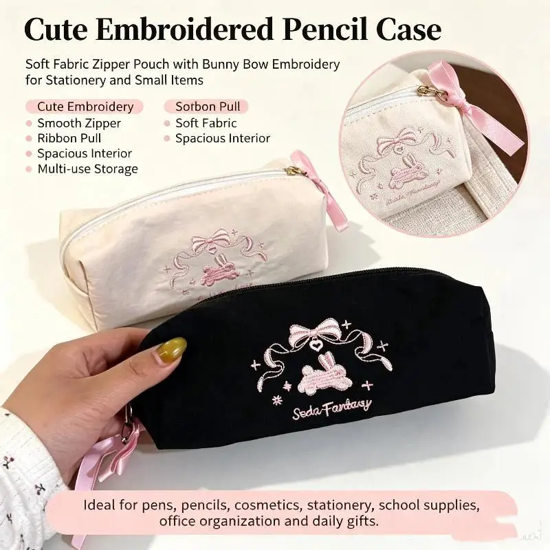 Niedliches Stifteetui aus Nylon mit Stickerei und Spitzenmuster, Hase-Design, großes Fassungsvermögen, wasserdichter Reißverschluss, multifunktionale Kosmetiktasche, Schreibwaren. – Detail 1