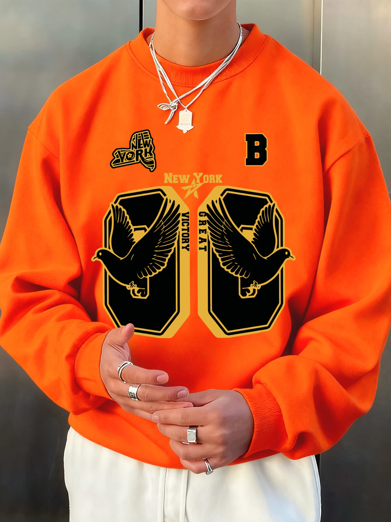 New York Great Victory Pigeon Printed  Men Sweatshirts Fleece Casual Pullovers Hip Hop Crewneck Clothing Autumn Soft Sportswear