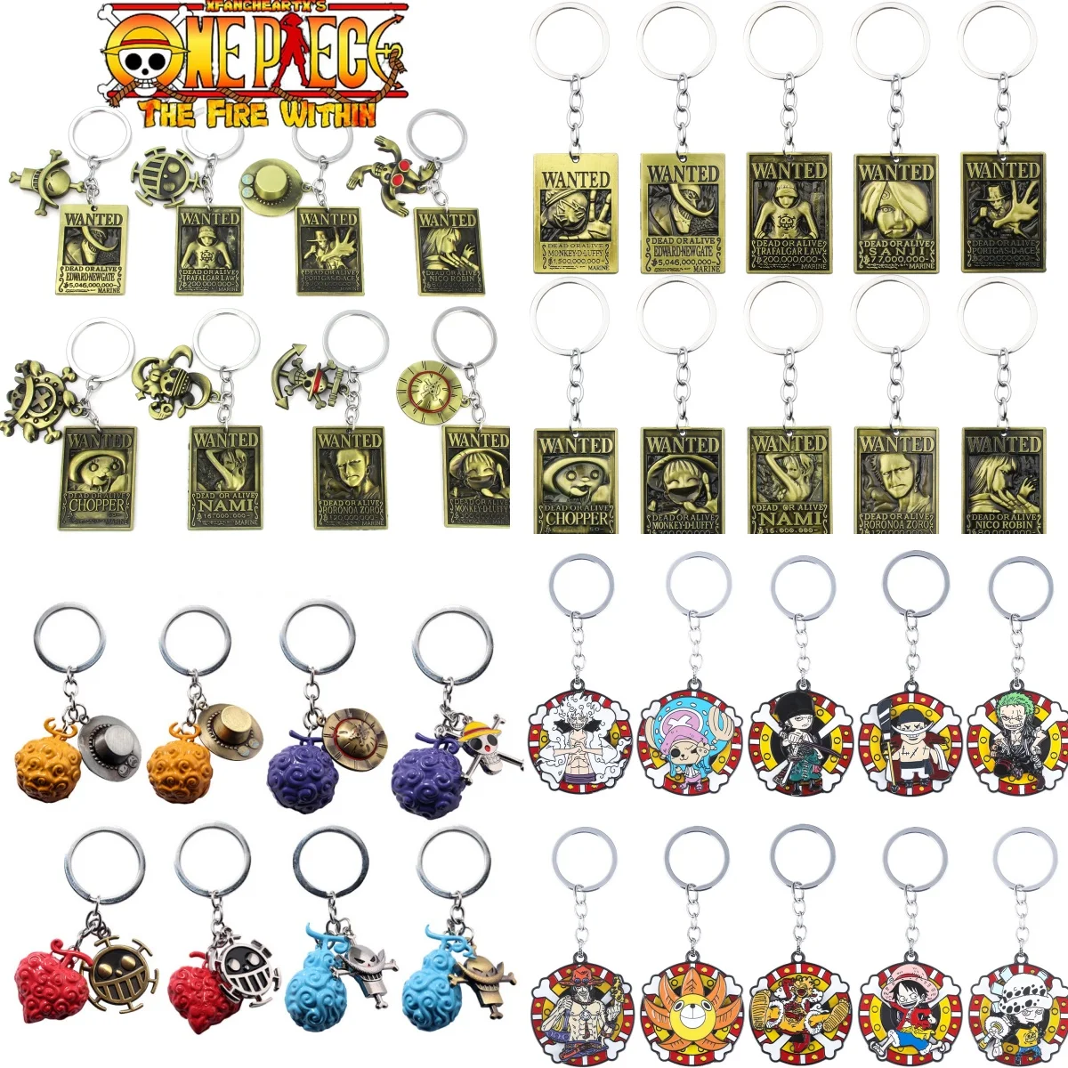 Chaveiro One Piece Luffy Chapéu de Palha Giratório com Pingente de Metal Caveira Zoro, Acessório Decorativo para Cosplay, Presente para Fãs