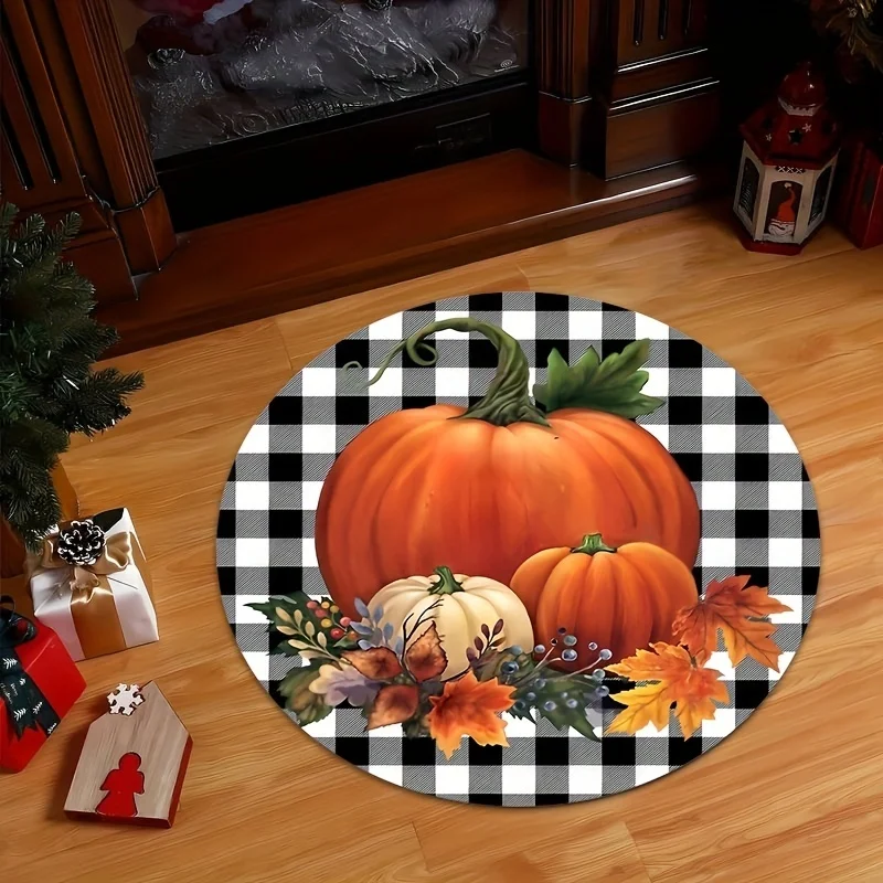 Spooky Jack‑O'‑Lantern Halloween Round Rug,Orange Black Checkered Border Printed Circular Floor Mat,Horror Theme Indoor Carpet