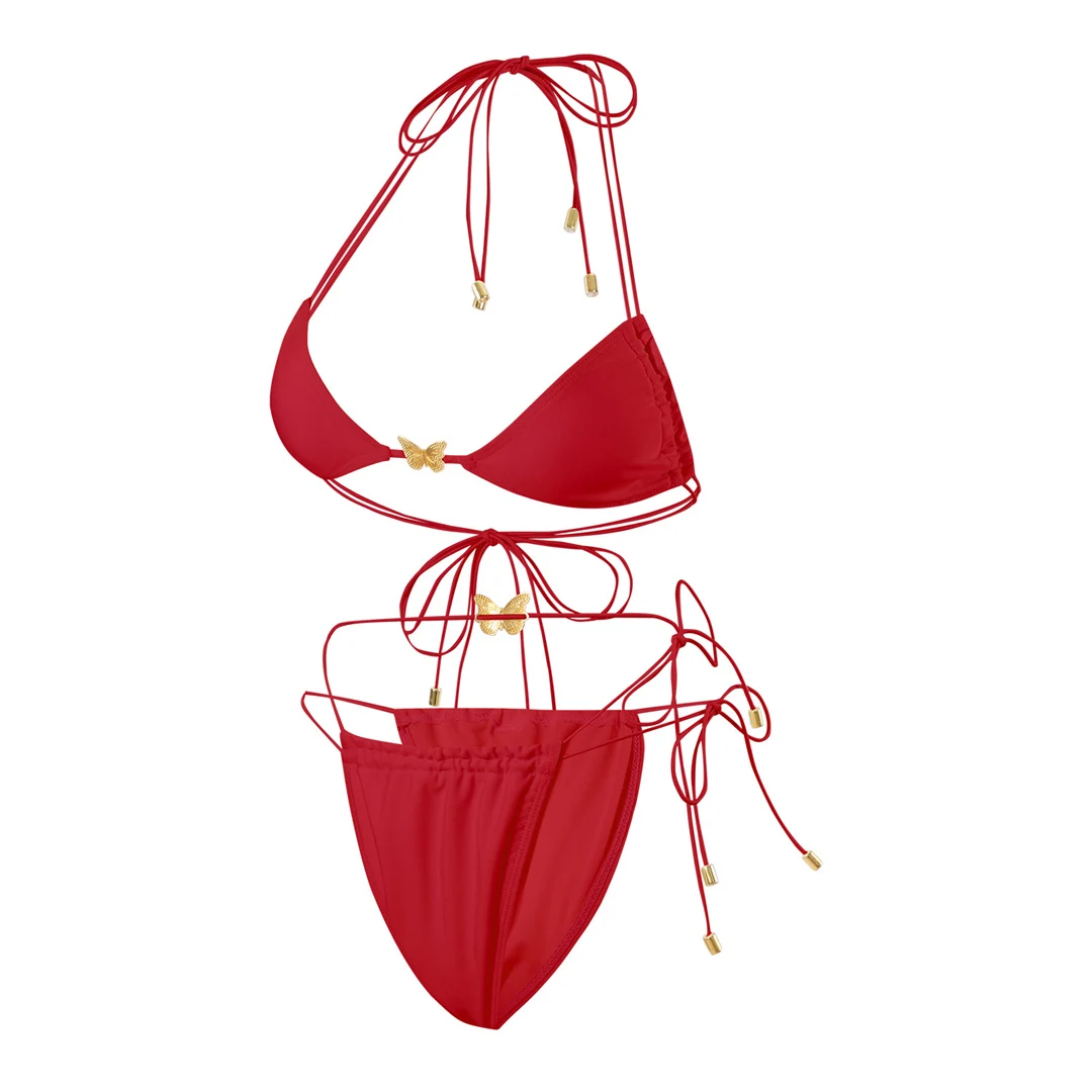 Metall-Schmetterlings-Halterneck-Bikini mit hohem Beinausschnitt, zweiteiliger Damen-Bikini, Badeanzug, Badebekleidung, Badeanzug, Schwimm-Bikini V6460 – Detail 23