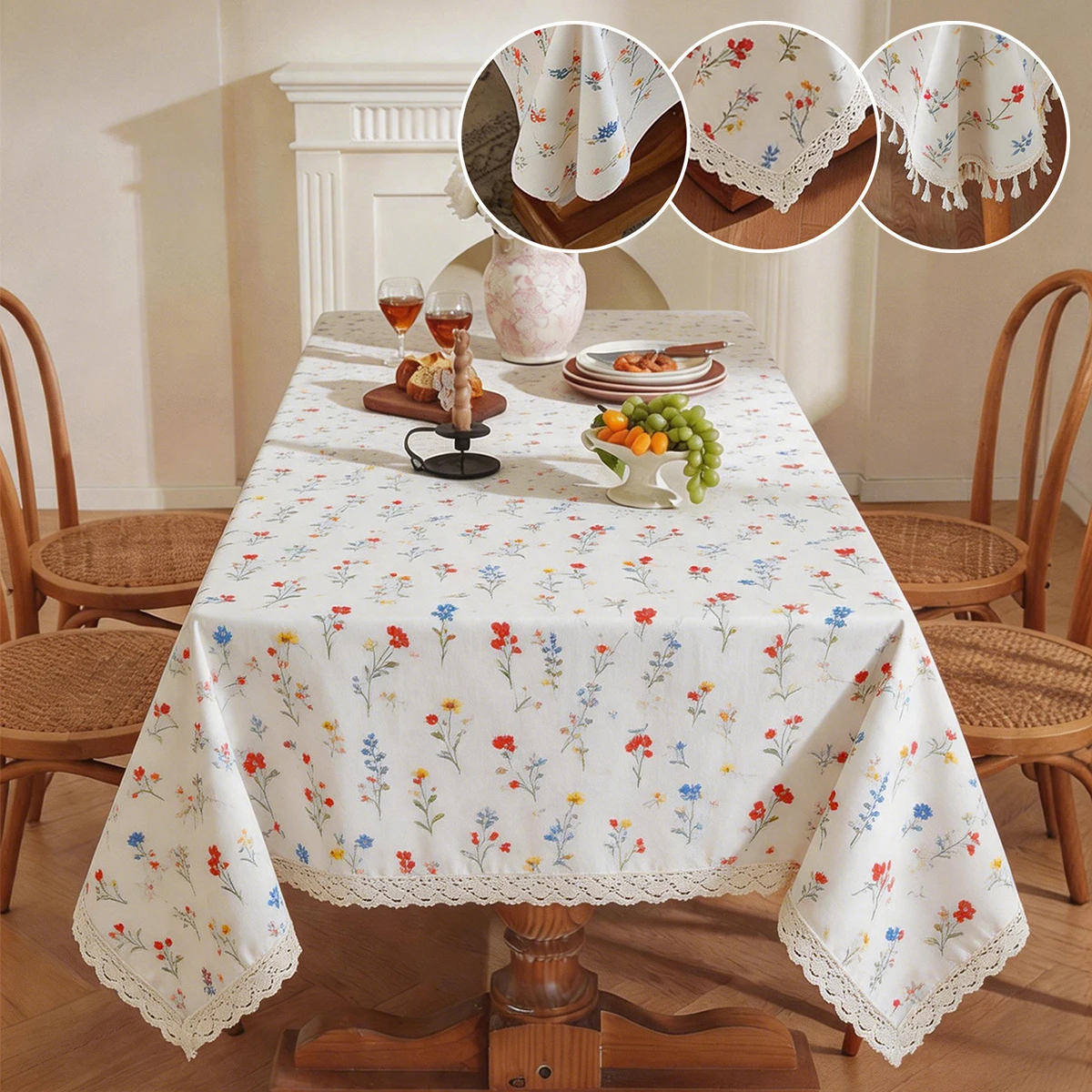 1pc Retro Countryside Tassel Edge Lace Edge Floral Table Cloth Tea Table Cover Towel Washable Desk Cabinet Tea Table Dustproof
