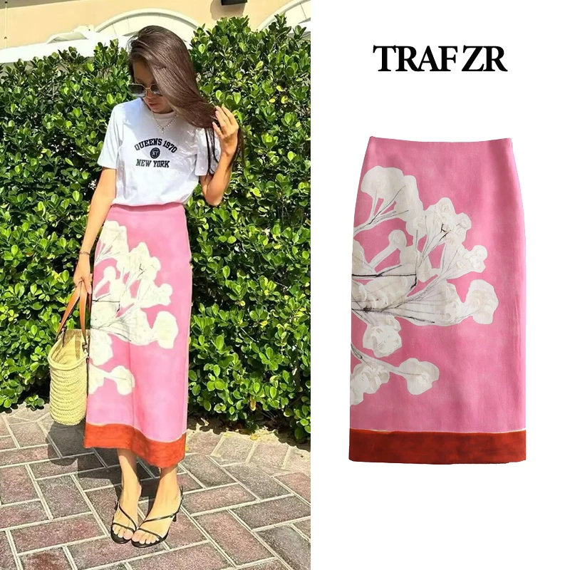 TRAF ZR High Waist Skirt Korean Fashion Elegant Women Summer 2024 Midi Y2k Women\'s Harajuku Line Vintage Pink Vacation Skirts