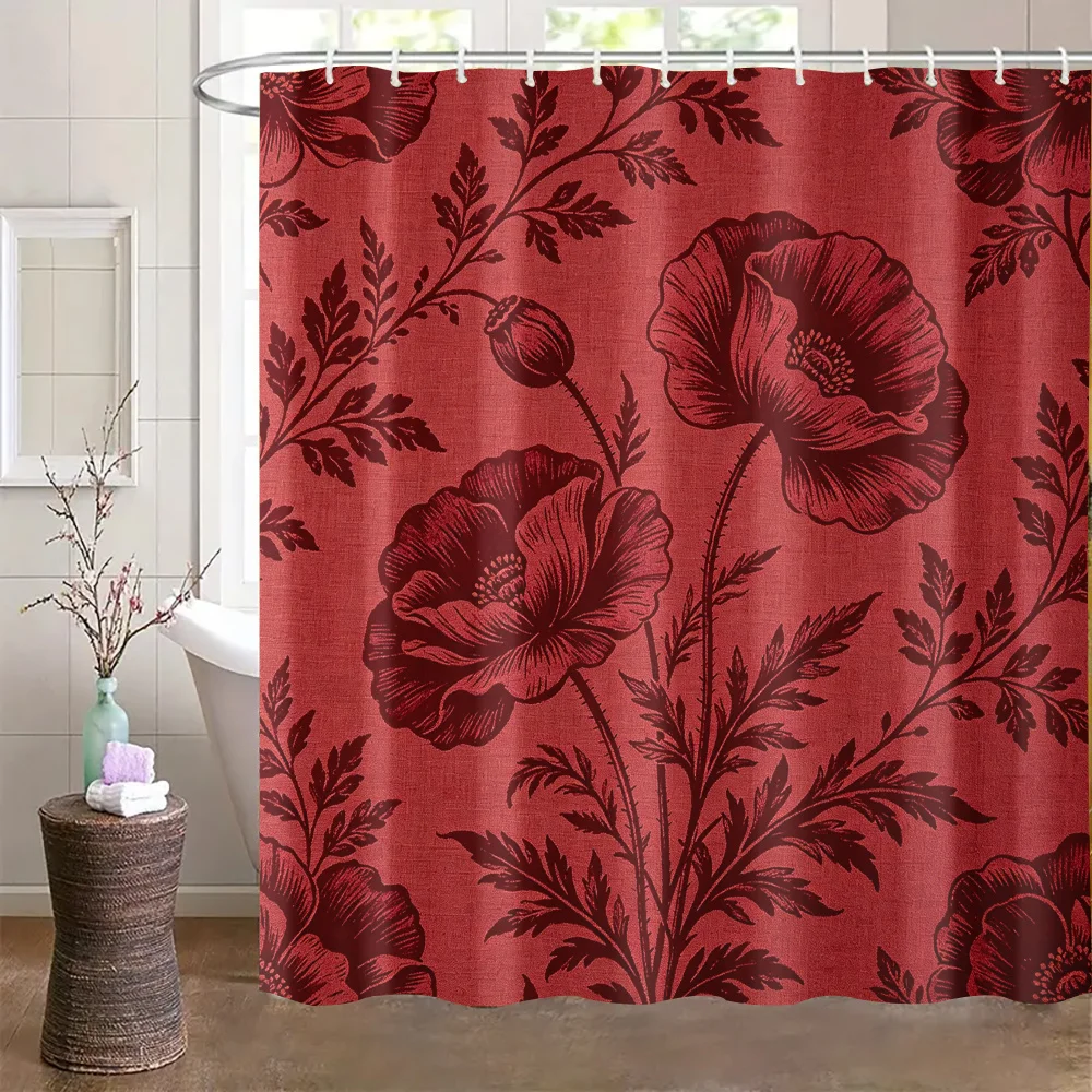 1pc Burgundy Base Poppy Subtle Printed Shower Curtain, Vintage European Worn Home Decorative Bathroom Curtain,, Comes with 12 Ho
