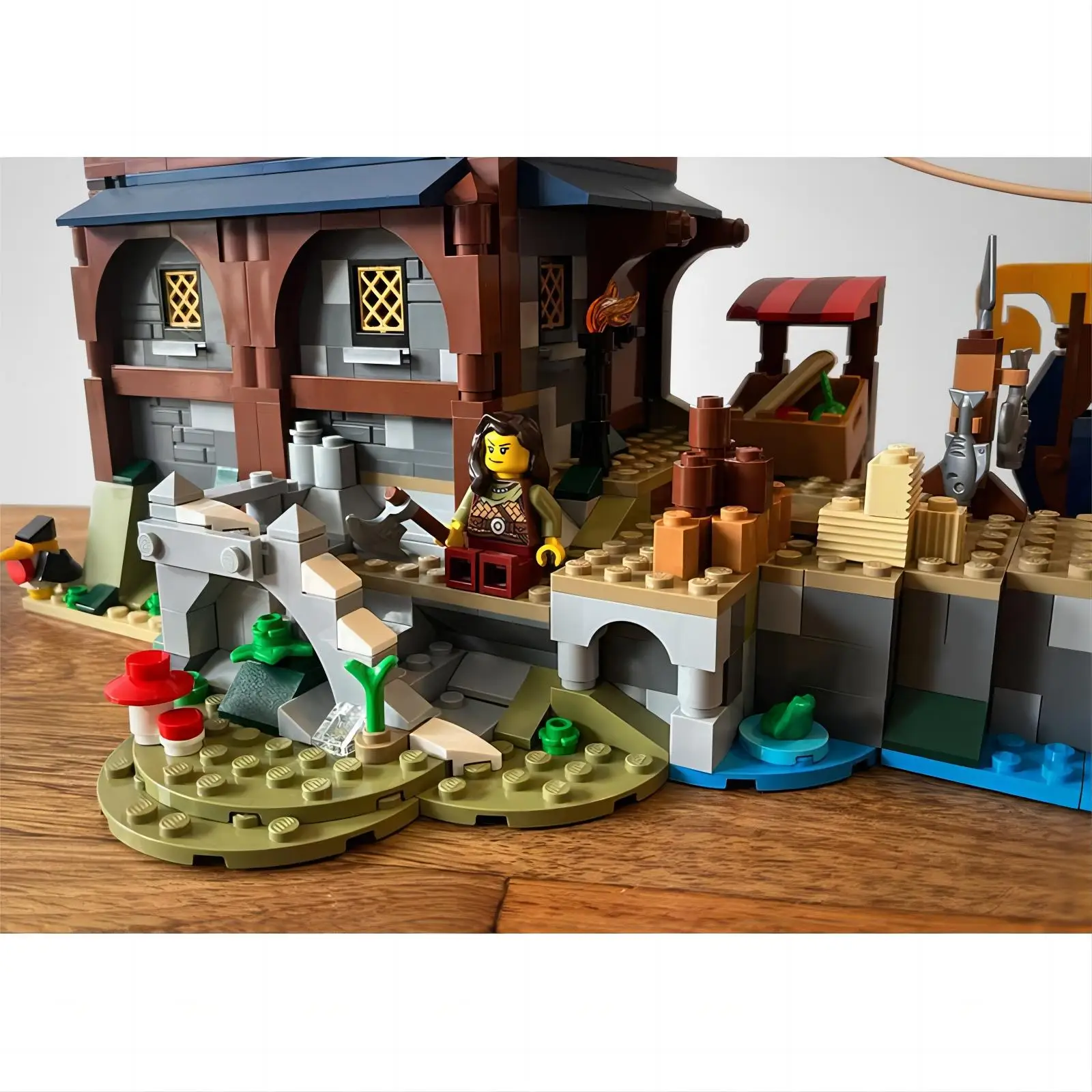 MOC building block medieval building viking dock + viking ship scene puzzle assembly toy ornament