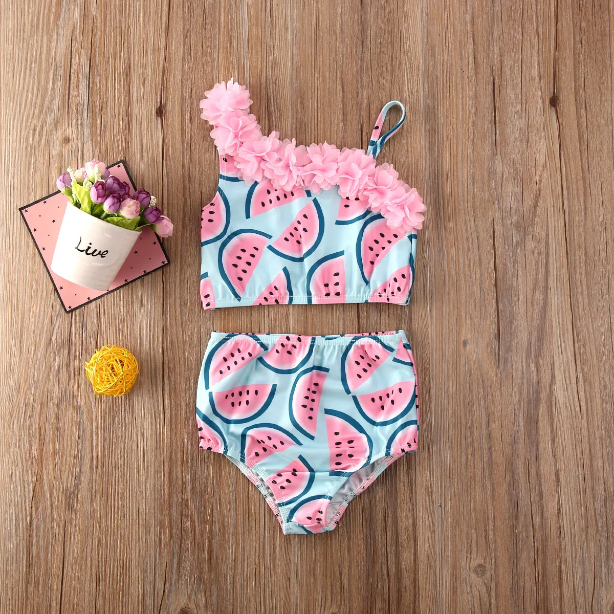 Sedceaty Baby Elastic Shorts Swimwear Suit Sling Style Flower Decoration Watermelon Pattern Print Swimsuit Set 1-5Y