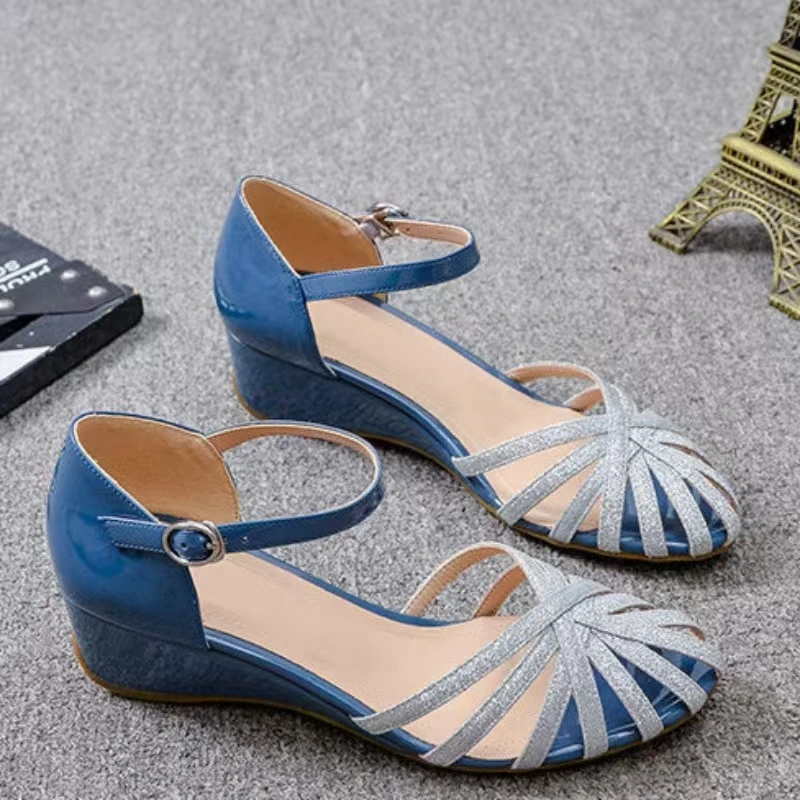Women Thin Strap Woven Closed Toe Wedges Sandals Summer New Soft Sole Hollow Out Cover Heel Buckle Strap Real Leather Sandals