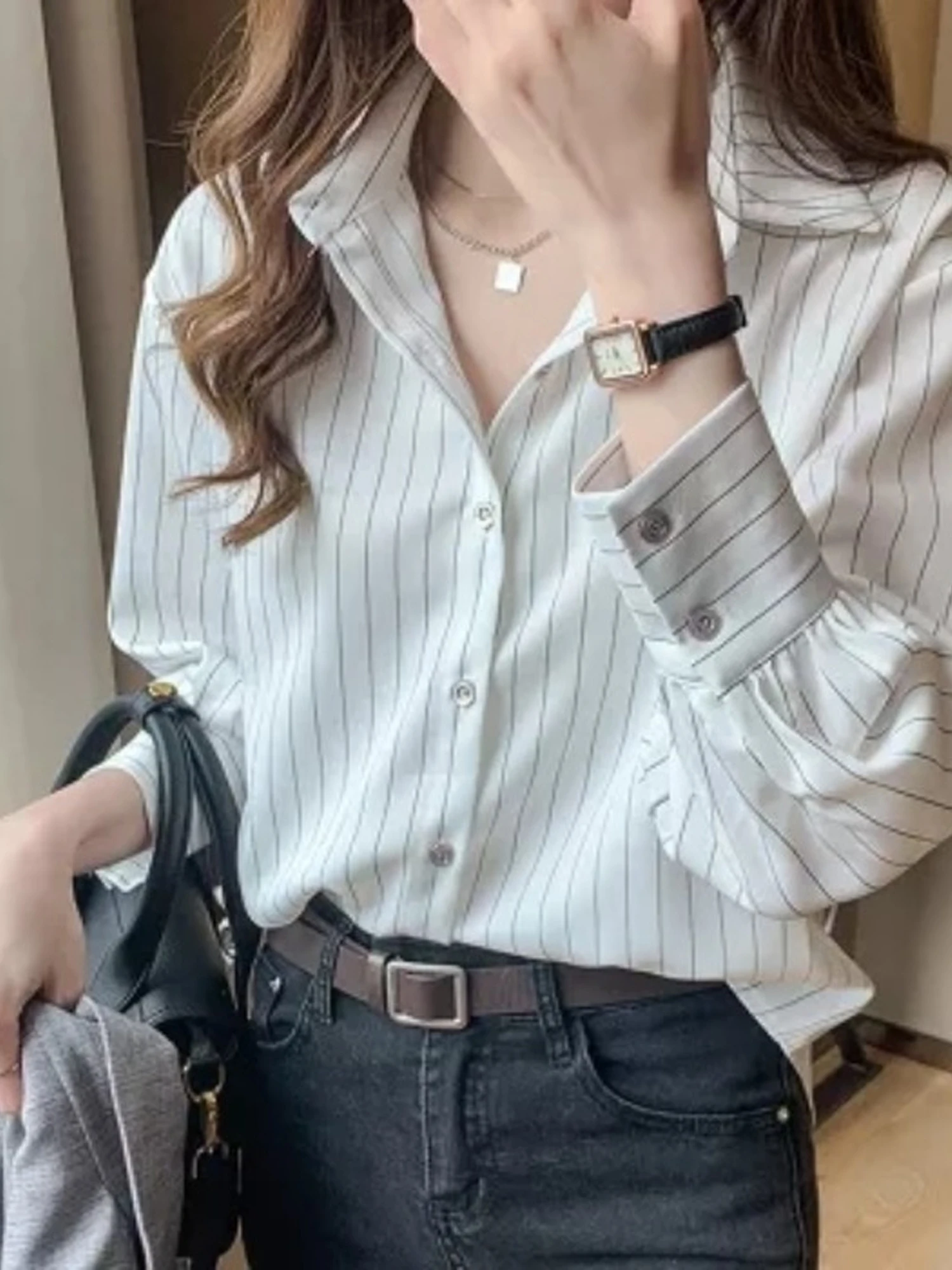Retro Vertical Stripes Women's Shirt Spring Autumn New Design Sensation Small Audience Commute Professional Interview Top