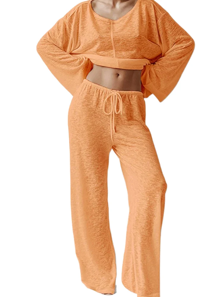 

New Sexy Two-piece Set 2025 Spring Fashion Casual Comfort Long Sleeved Pants Pajamas Solid Color O Neck Homewear 2 Piece Sets