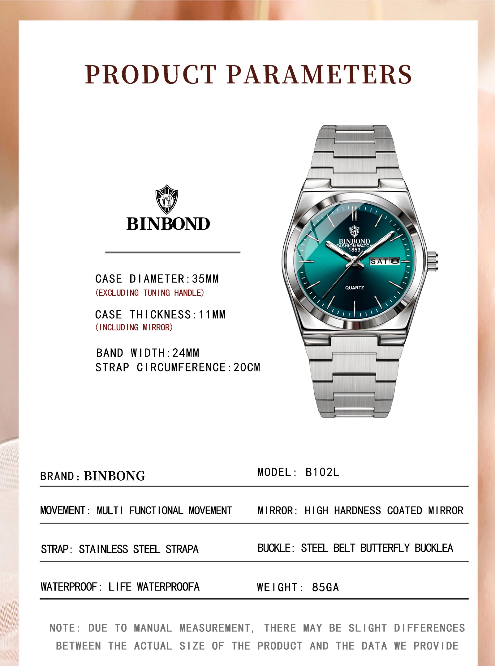 BINBOND лучший бренд B103, новые женские кварцевые часы с пряжкой из нержавеющей стали для бизнеса и отдыха, тонкие женские часы с двойным календарем