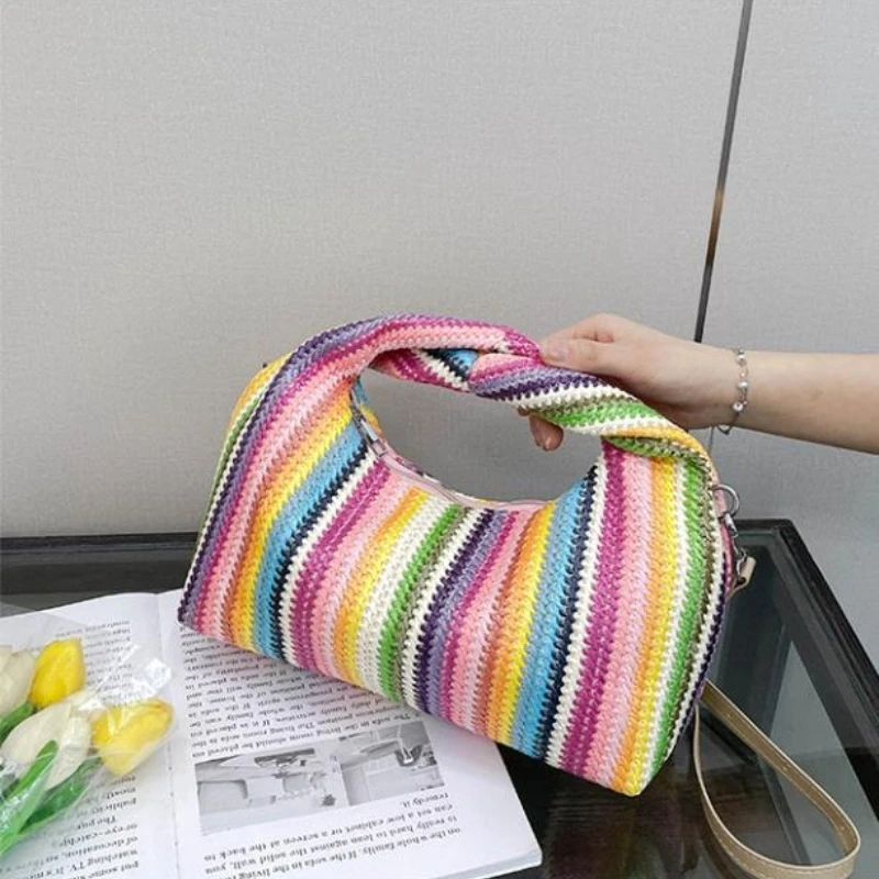 Vintage Woven Handbag, Simple Commuter Bag, Beach Wind Rainbow Bag, Holiday Casual Straw Purse
