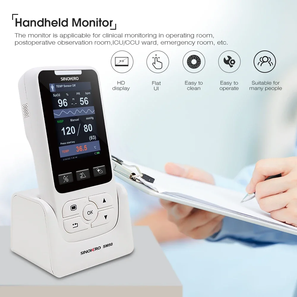 Monitor paciente Handheld SM50, hospital home, ICU, SPO2, NIBP, TEMP, PR, sinais vitais, único ou multi parâmetro opcional