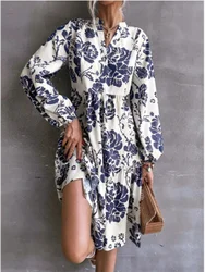 Women's V Neck Long Sleeve Floral Printed Dress Lady Elegant Temperament Commuting Autumn A Line Dresses