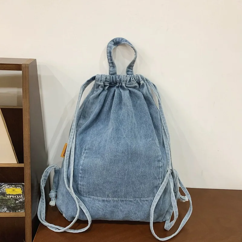 Mochila Washed Drawstring Canvas Bag dla kobiet Retro Fashion Travel Backpack Unisex Solid Color Denim Backpack