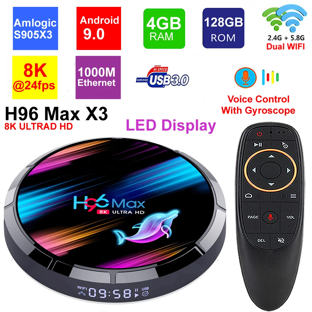 H96 MAX X3 8K Smart TV BOX Android 9.0 Amlogic S905X3 4GB RAM 128GB 5G Wifi BT4.0 1000M Ethernet USB3.0 H.265 HDR 8K Set Top Box