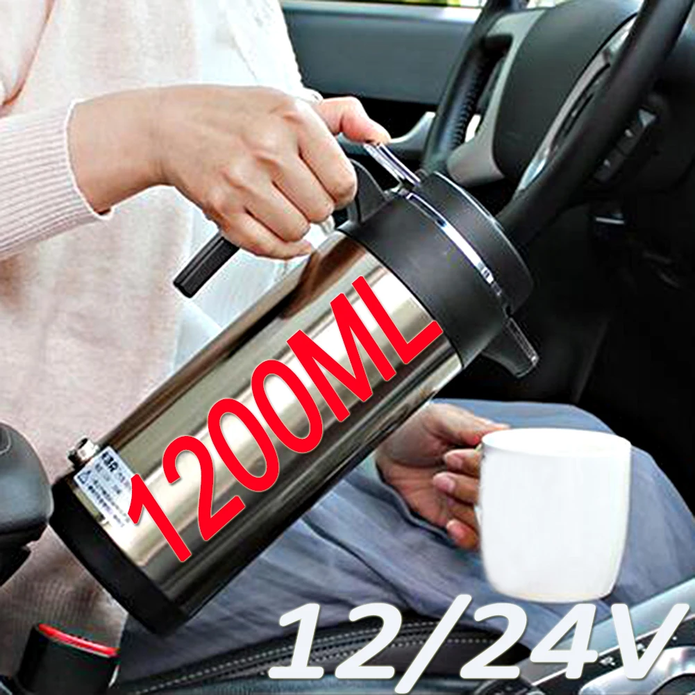 12/24V 1200ML Electric Heating Cup Kettle Stainless Steel Water Heater Bottle Tea Coffee Drinking Travel Car Truck Kettle NEW