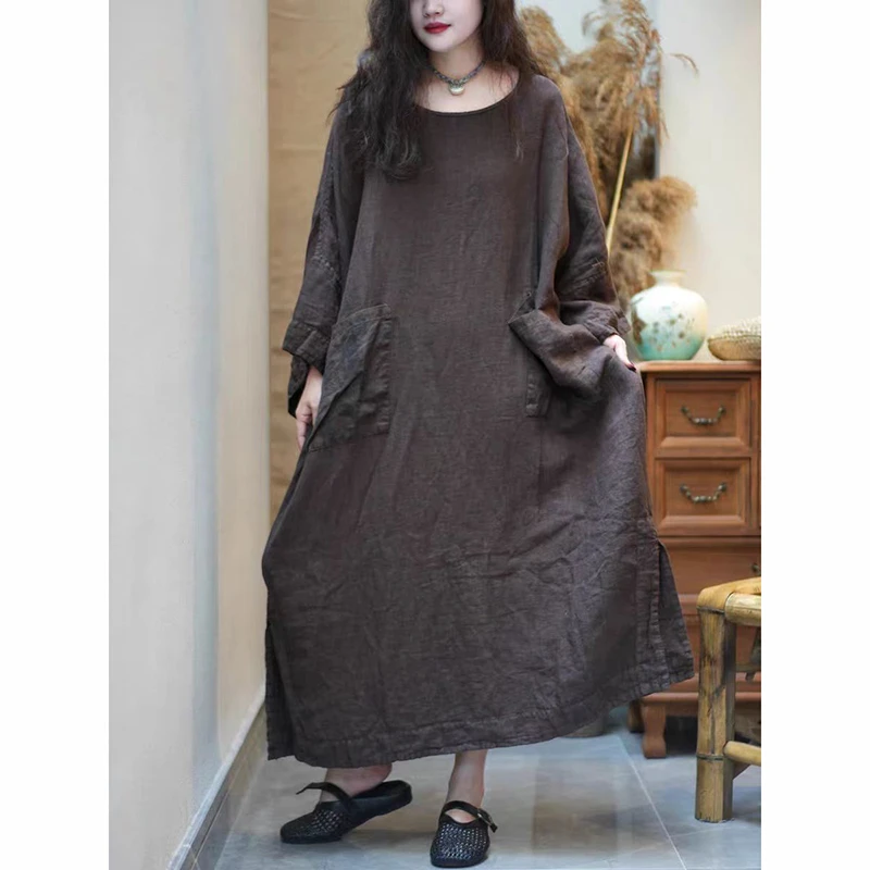 Spring Autumn Arts Style Women Batwing Sleeve O-neck Long Dresses Double Pockets Design Cotton Linen Vintage Dress Tops Quality