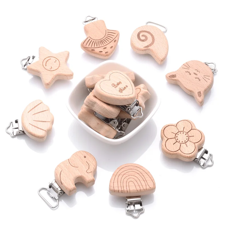 1Pcs Printing Animal Dummy Clip Beech Wood Nipple Clip For Teether Chewing Toys Accessory DIY Anti-Drop Baby Pacifier Chain