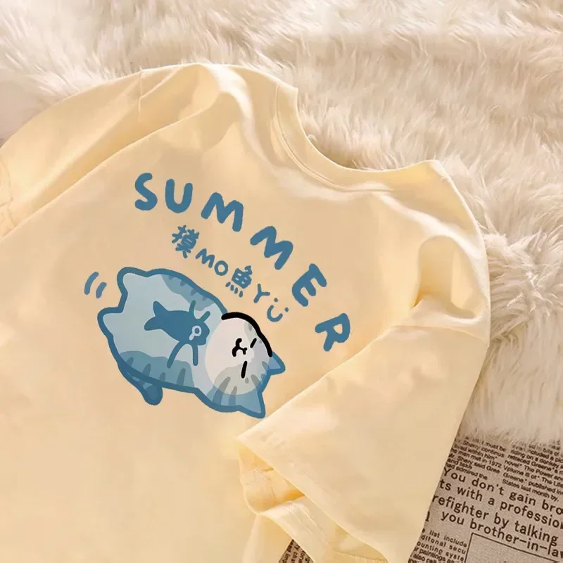 Summer Japanese Cartoon Fashion Trend Cute Fish Sleeping Kitten Print Stylish Loose Casual T-shirt Top Large Size