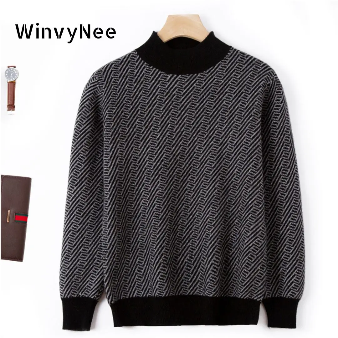 

WinvyNee Wool Sweaters Man's Clothing Mock Neck Argyle Casual Long Sleeve Thick Warm Knitwear Pullover Autumn Winter M1103013