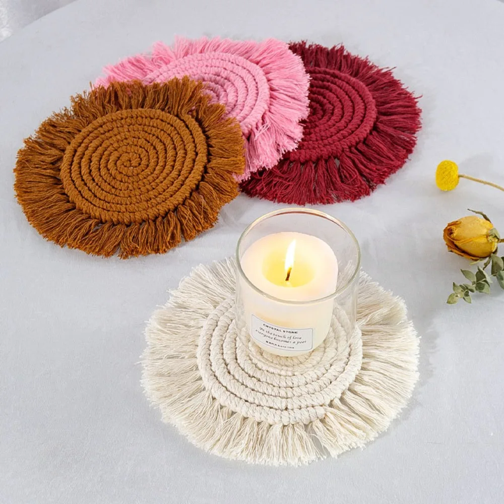 Round Cotton Braid Coaster Tassel Placemat Handmade Macrame Cup Cushion Bohemia Style Non-slip Cup Mat Coffee Pad Table Decor