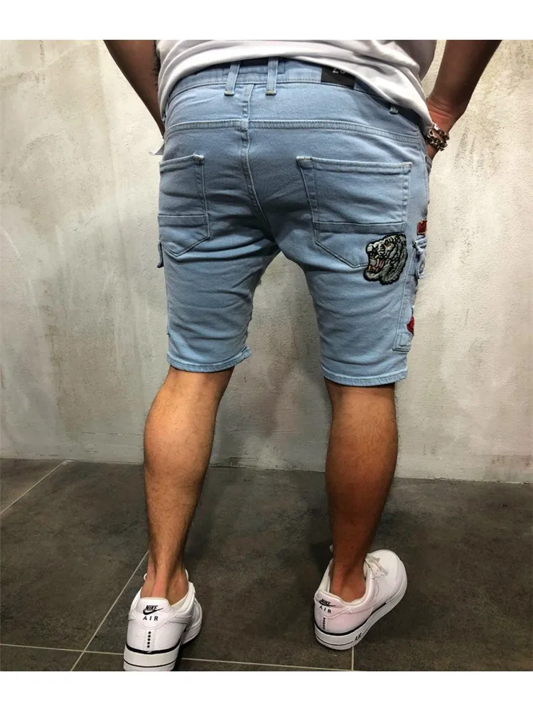 Shorts rasgados retos masculinos, calças de crachá hip-hop, azul claro, jeans curtos slim fit, roupas de verão, Y2K, 2022