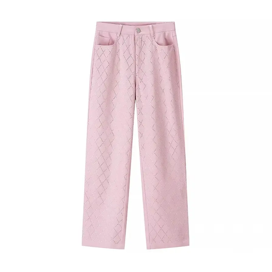 KONDALA Chic 2025 Women Spring Casual Pants Zipper Pockets Set With Diamonds Long Pants Wide Leg Fashion Female Straight Pants