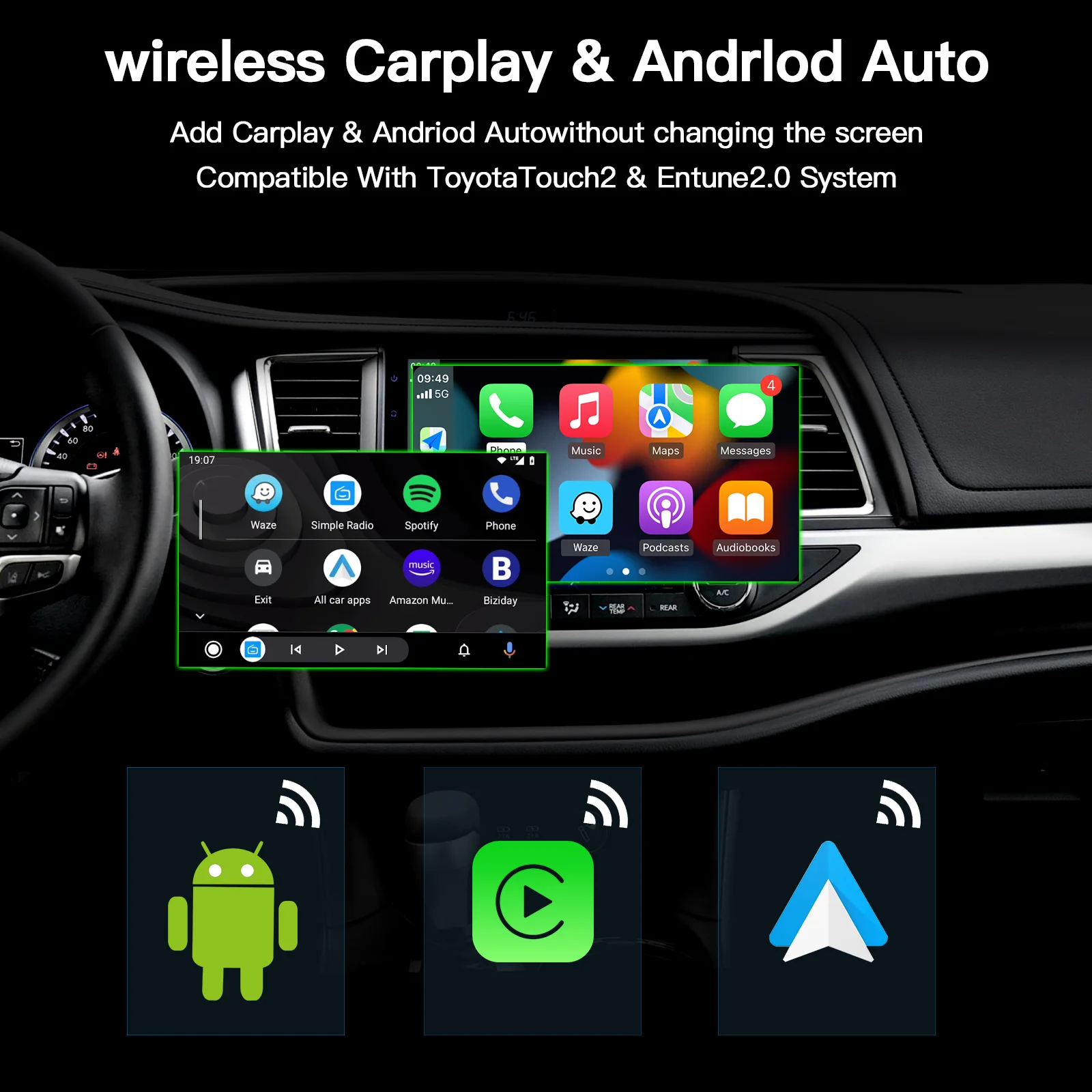 AUTOABC Wireless Carplay Android Auto for TOYOTA Touch2 Entune2.0 Highlander Tundra Sienna Prius Yaris Camry CHR Module Decoder