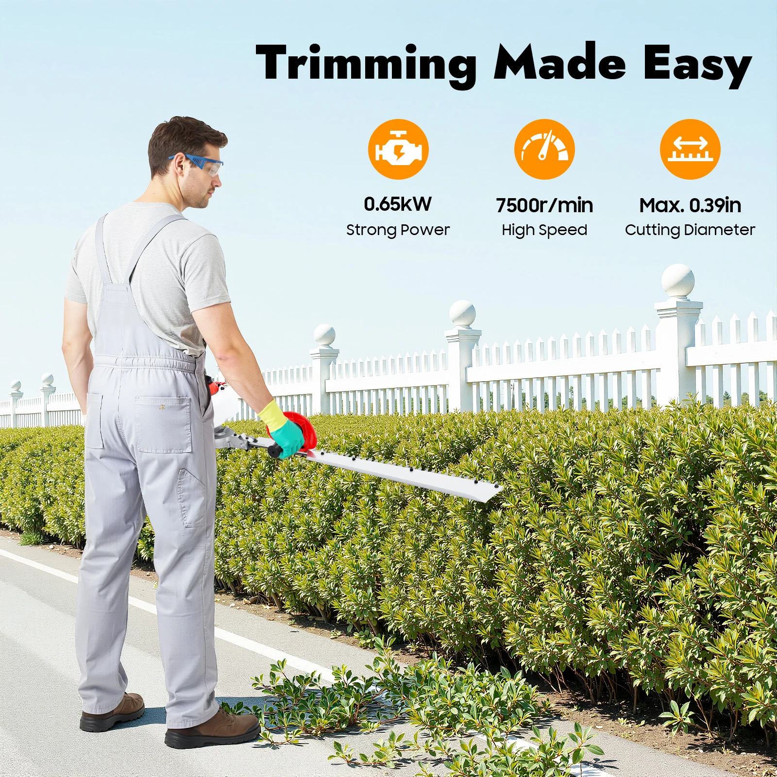 26cc 0.65kW Gas Hedge Trimmer 70cm Cordless Petrol Brush Cutter 7500rpm 2-Stroke Garden Shrub Shears with Gloves Goggles Mixing Bottle