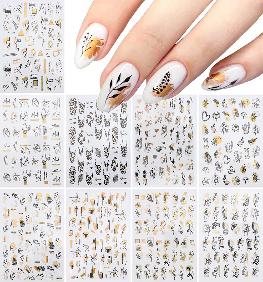 

12Pcs Nail Art Sticker Abstract Line 3D Self-Adhesive Nail Decal Bronzing Leopard Print Graffiti Geometry Leaves Flower Slider