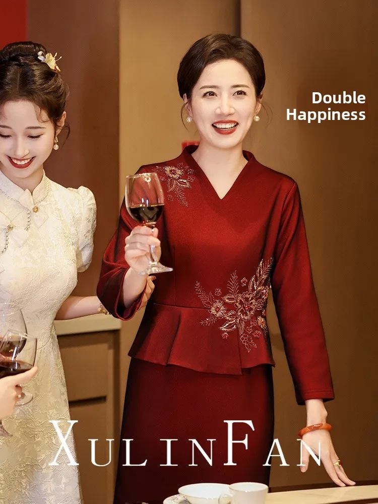 

Ele Young Mom Wedding Dr Chinese Sle Reformed Slimming High End Aosphere Middle Long Qipao for Wedding