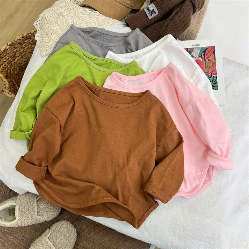1pcs Spring Autumn Children's Pure Cotton Long Sleeve T-shirts Solid Color Boys Girls Tops Kids Baby Leisure Tee Student Clothes