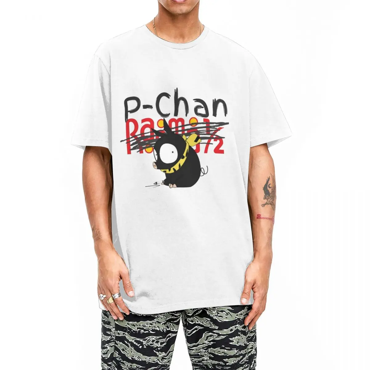 Streetwear P-Chan Ranma Logo T Shirt Men Round Neck Short Sleeve Tops Anime Manga Cotton Summer TopsTops