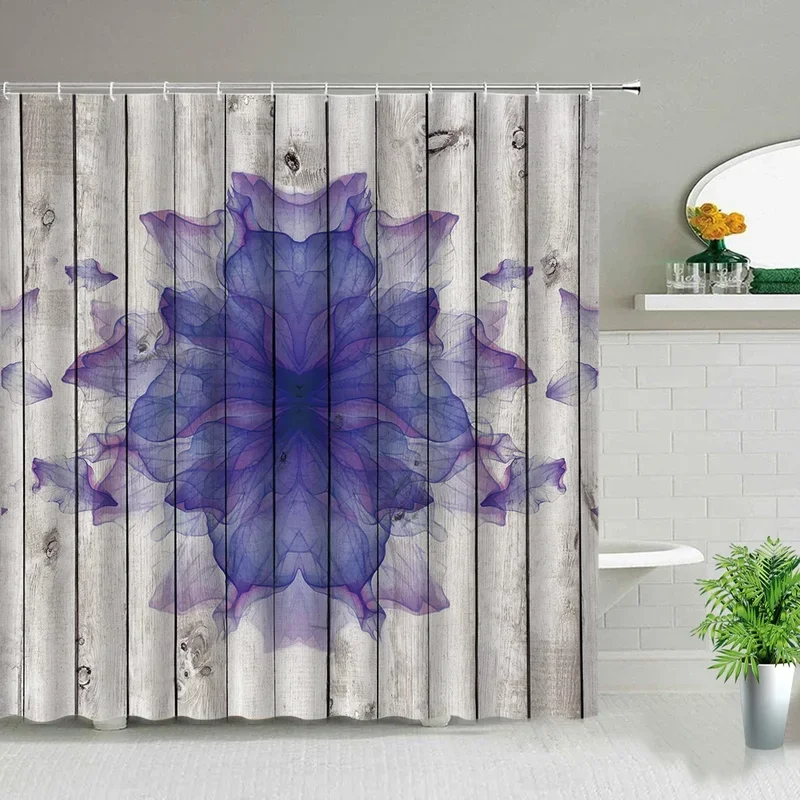 

Фиолетовые цветы занавески для душа Современные лепестки Деревянный фон Природа Сцена Художественный принт Занавеска для ванной комнаты Декор Набор экранов с XT6@!