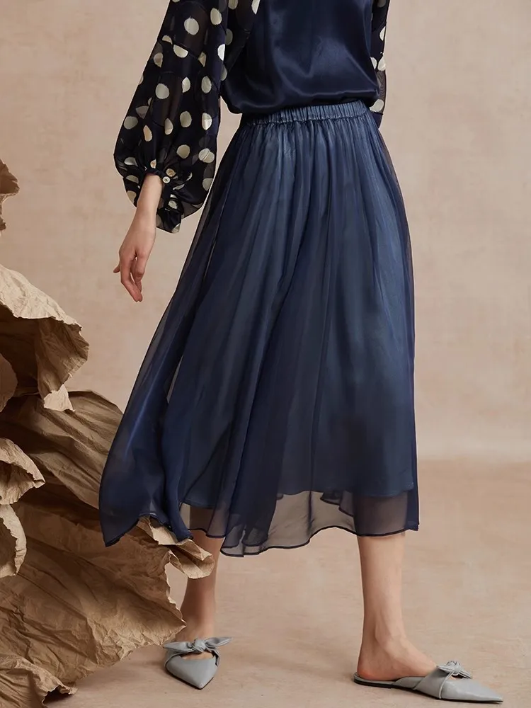 Birdtree 100%Mulberry Silk Crepe Women Skirt Elegant Retro Elastic Waist A-Line Elegant Skirts 2023 Summer Autumn New B3D662QM