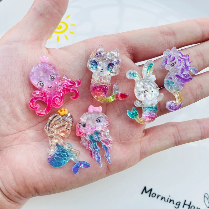 10 Pcs New Cute Shiny Cartoon Animal Mermaid Flat Back Resin Scrapbooking DIY Jewelry Earwear Craft Decoration Accessories A75