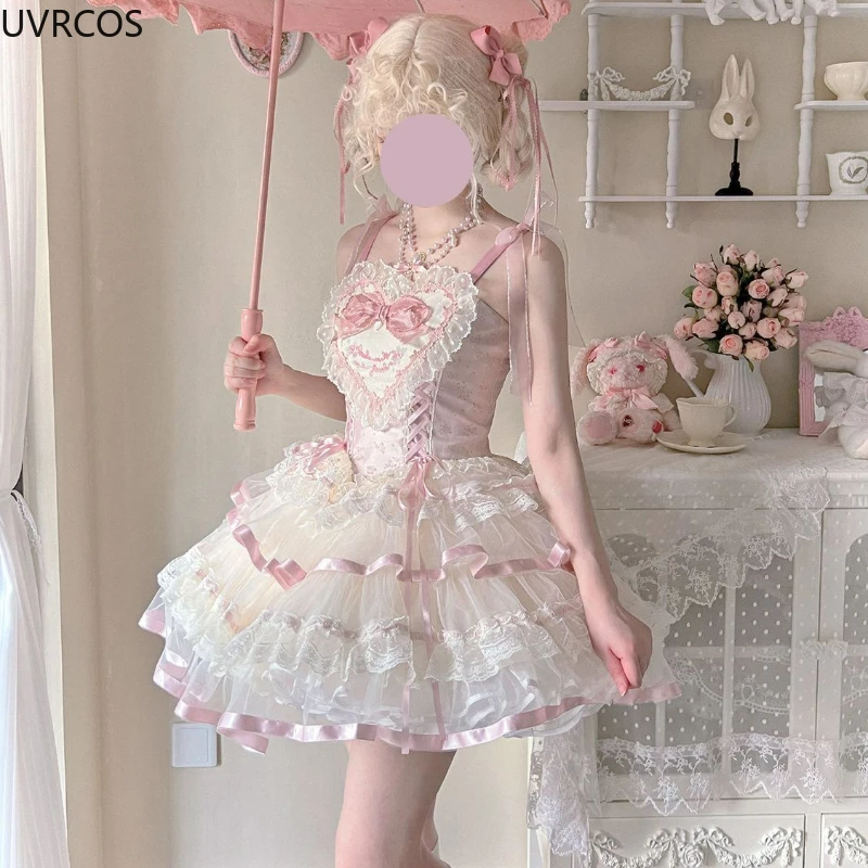 Vestido japonés de Lolita Jsk para mujer, Mini vestidos de princesa de vendaje delgado con volantes de encaje Kawaii, bordado con lazo, lindo vestido de fiesta