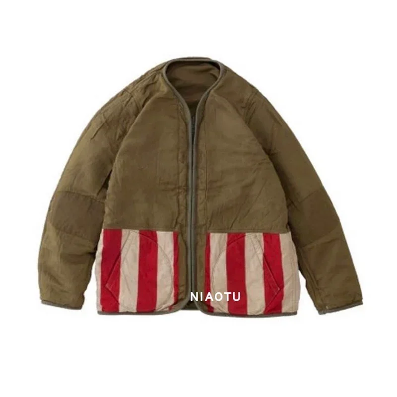 22aw خمر سستة الخامس الرقبة شريط الرجال والنساء سترة اللون مطابقة عارضة فضفاض تنفس معطف أخضر أسود وردي