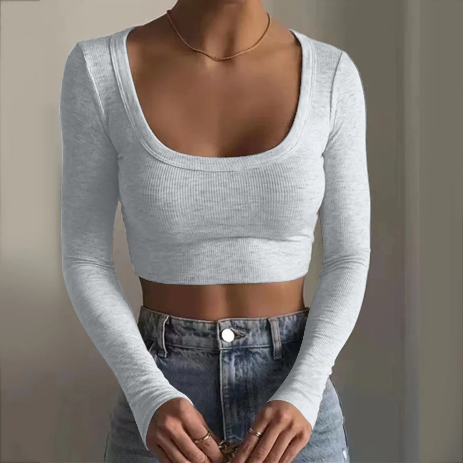 

Women Long Sleeve T-Shirts Crop Top Y2k Solid Slim Fit Square Collar Pullovers Spring Tees Shirts Female Streetwear Tee Tops