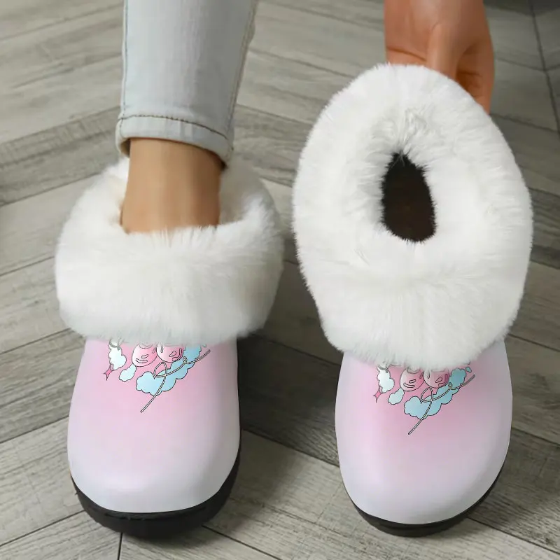 Pantoufles d'hiver chaudes en peluche pour femmes, imprimé nuage rose, pantoufles en polaire moelleuses, pantoufles d'intérieur