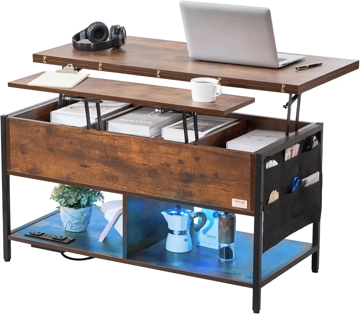 4-in-1 Lift Top Coffee Table with USB/Power Outlet/LED Light - Multi-Function Convertible Dining Table with Storage