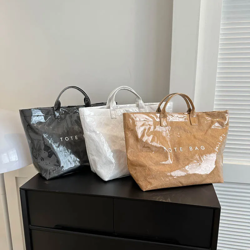 2025 New Handbag Shopping Bag Large-capacity Washed Kraft Paper Tote Bag Fashion PVC Dupont Paper Double Waterproof Bag