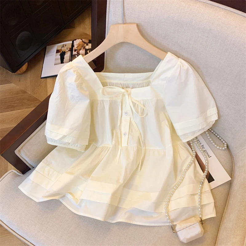 

Korean Style Summer Crop Top Square Collar Young Girls Puff Short Sleeve Loose Shirts Japanese Doll Shirt Sweet Lace-up Blouses