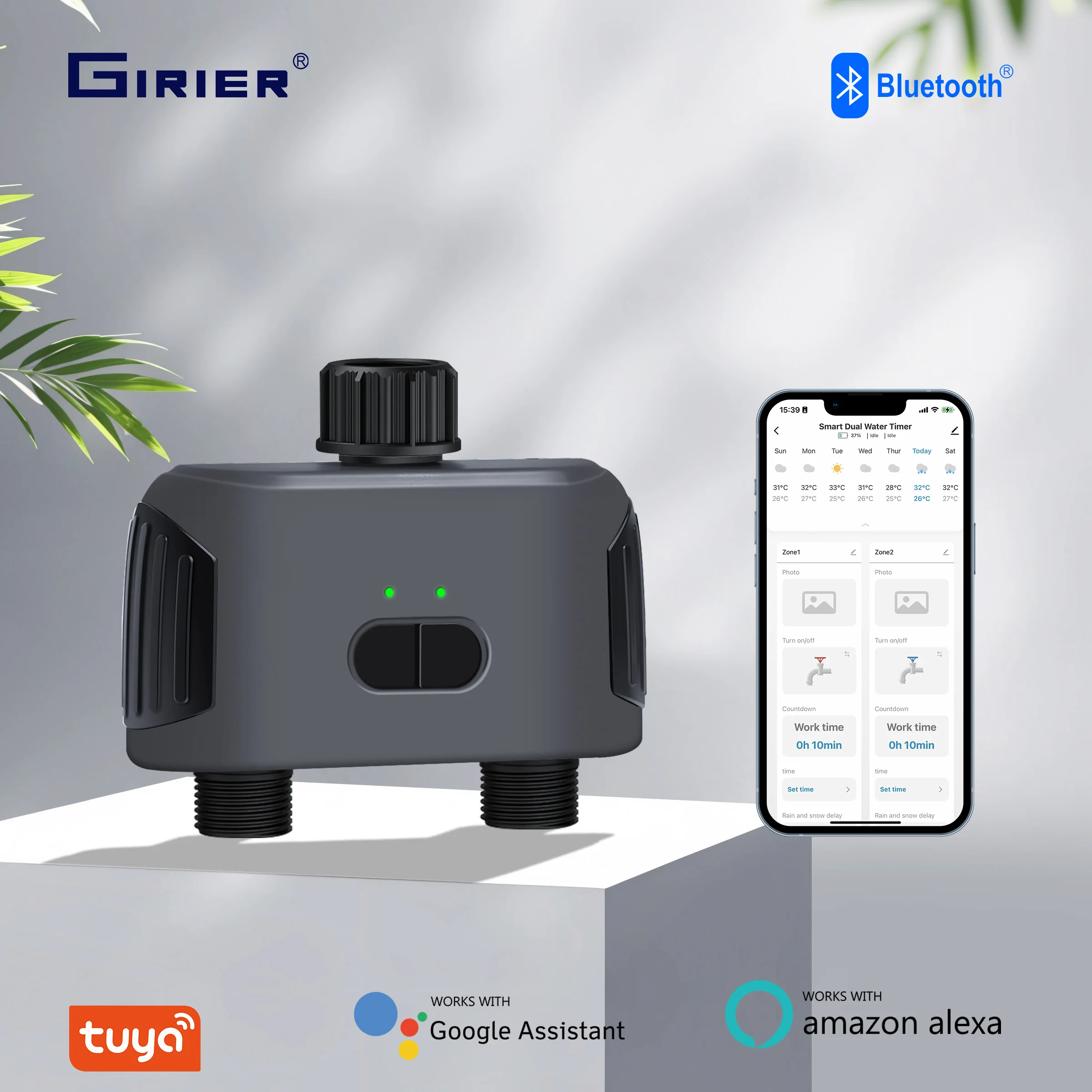 GIRIER Tuya Smart Water Timer Programmable Sprinkler Timer with 2 Outlets for Garden Soaker Hose/Lawn Irrigation Work with Alexa